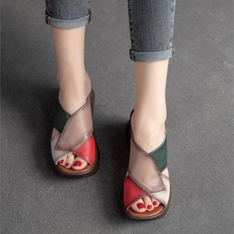 Johnature Женские тапочки на танкетке с открытым носком в стиле ретро, ​​шлепанцы из натуральной кожи на толстой подошве, модная обувь на платформе