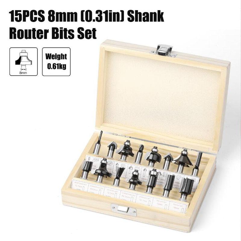 15 шт., набор фрез с хвостовиком 8 мм, прямая фреза для резки дерева, карбид вольфрама, резка, деревообработка