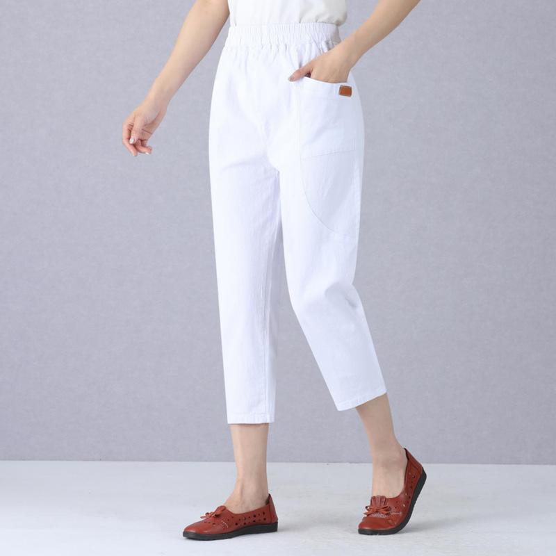 Middle-aged and Elderly Mother's Pants Straight High Waist Solid Color Washed Cotton Linen Casual Women's Eight-point Pants
