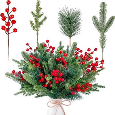 60x Рождественские искусственные сосновые ветки, красные ягоды, зелень, сосновые пики, домашний декор