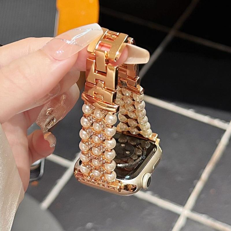 Металлический ремешок с жемчугом для Apple Watch Band 49 46 45 44 42 41 40 38 мм Женские украшения Бриллиантовый браслет Correa для iWatch S10 9 8 7 6 SE