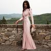 Women Evening Dress Pleated Knot Decor Slim Fit Round Neck Back Zipper Closure Full Length Wedding Party Prom Maxi Dress