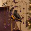 Bat Moon Themed Decor Halloween Stained Glass Style Wind Chime, Acrylic Suncatcher Hanging Ornament with Ghost Black Cat Artistic Window Light