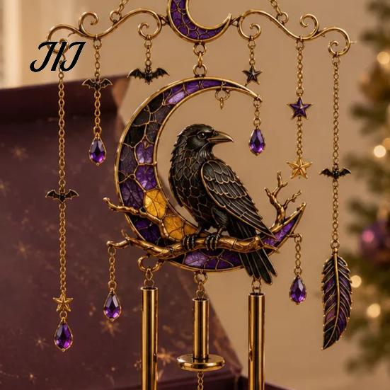 Bat Moon Themed Decor Halloween Stained Glass Style Wind Chime, Acrylic Suncatcher Hanging Ornament with Ghost Black Cat Artistic Window Light