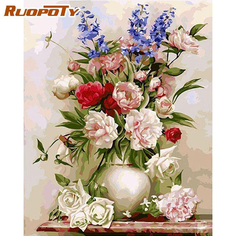 RUOPOTY Безрамные цветы для дома и сада, картина по номерам, ручная роспись, наборы, современное настенное искусство для домашнего декора