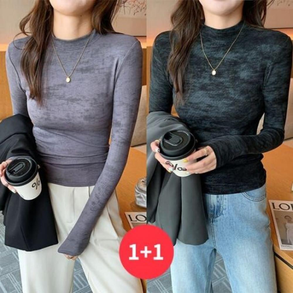 Navava Women Washed TexTure Mock Neck Long Sleeve T shirT nT3106