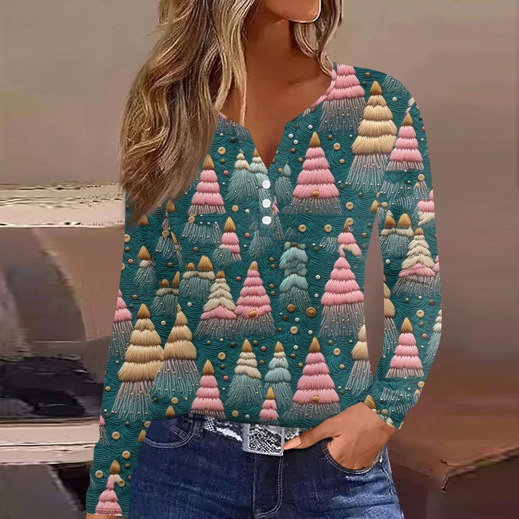Женская модная повседневная футболка с длинным рукавом и V-образным вырезом на рождественском принте на пуговицах