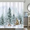 Christmas Shower Curtain, Winter Farm Barn Snowman Animal Moose Berry Christmas Tree Snow Scene Red Bird Bathroom Decoratio.