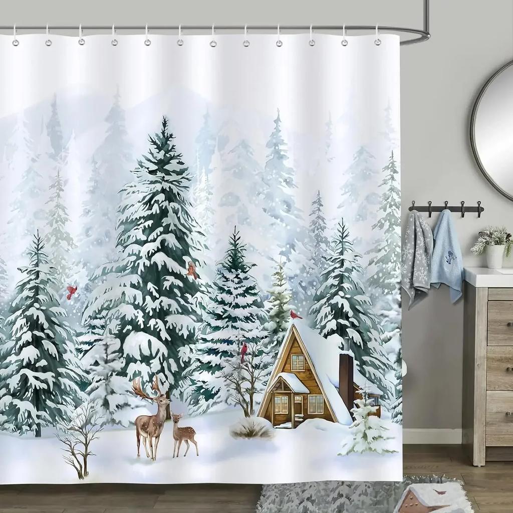 Christmas Shower Curtain, Winter Farm Barn Snowman Animal Moose Berry Christmas Tree Snow Scene Red Bird Bathroom Decoratio.