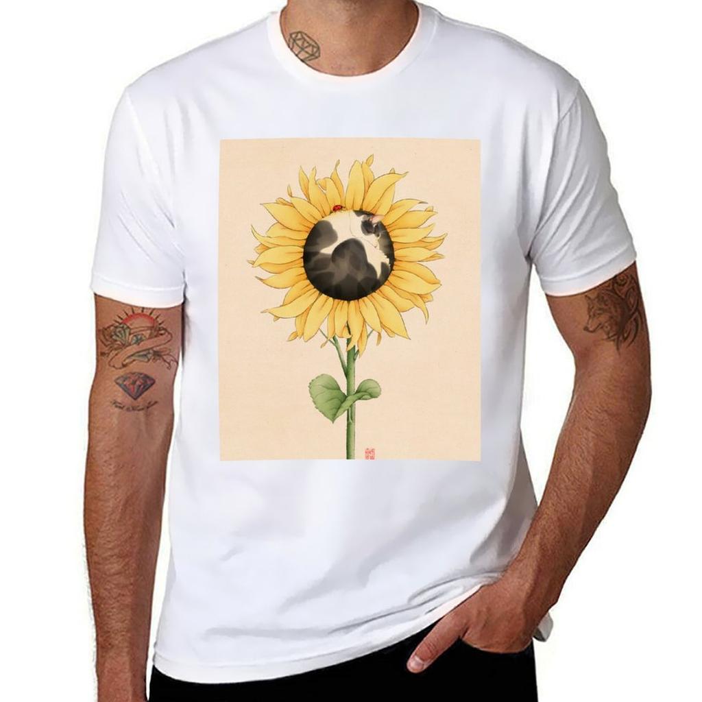 Cat In Sunflower With Ladybird Tshirt Casual Fashion Short Sleeve Cotton Tshirt