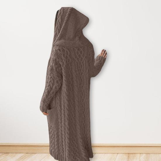 Женская кофта-свитер с карманами средней длины с капюшоном трикотажная скрученная текстура однотонная