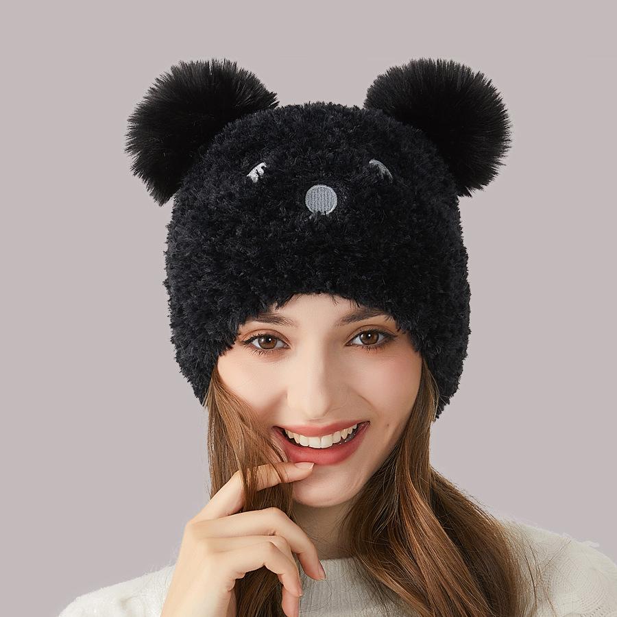 Зимняя женская вязаная шапка с медвежьим мехом, плюшевая шапка с защитой ушей, теплая шапка с рукавами, шапки с черепами
