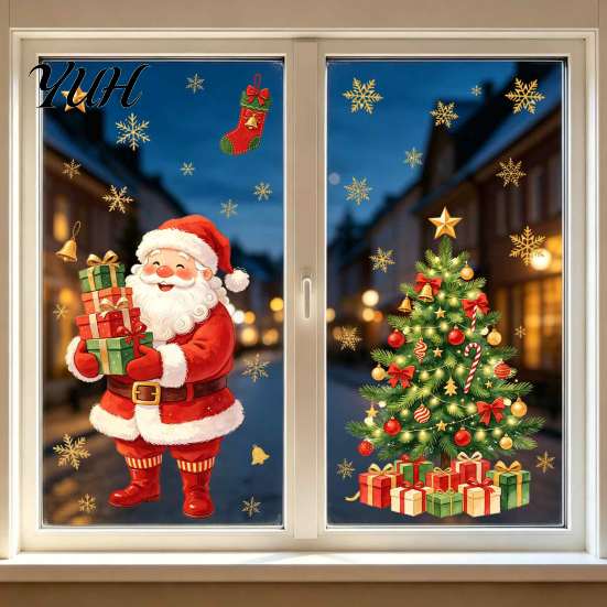 Holiday Decorative Gifts Christmas Window Clings, Cute Santa Claus Snowman Xmas Tree Stickers, Removable PVC Clings Winter Static Glass Decal