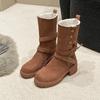 2024 Hot Sale Women's Shoes Slip-on Women's Boots Fashion Belt Buckle Modern Boots Women Winter Rivet Round Head Mid-Calf Boots