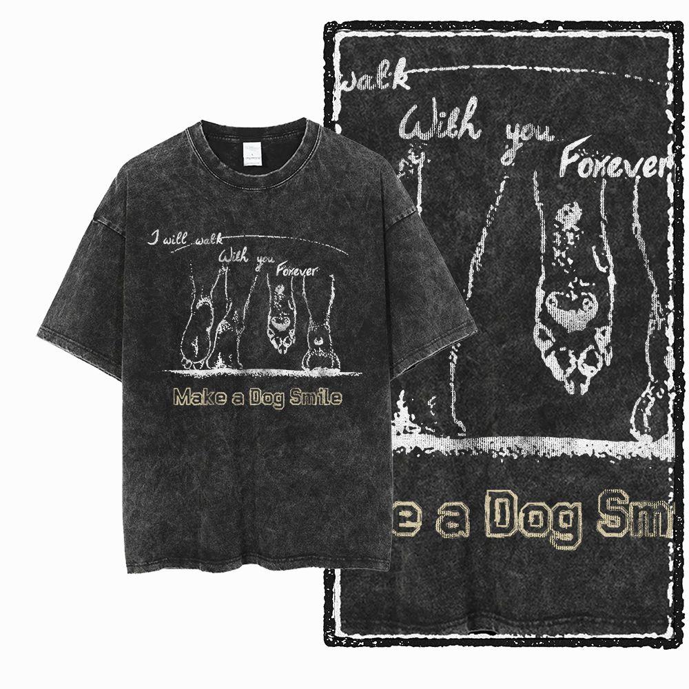 Big Size Dog Graphic Unique Washed Distressed Cotton Unisexs Retro Streetwear TShirt G
