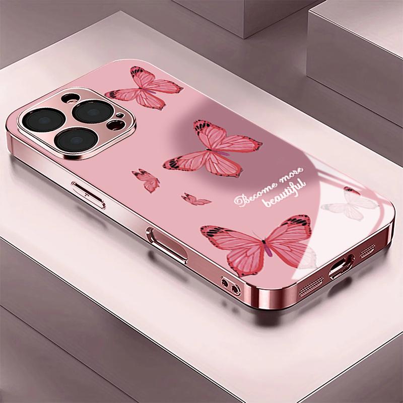 Милый розовый чехол-бабочка из закаленного стекла для iPhone 17 Pro Max 16 15 14 Plus 13 12 11 Pro Max 16E 17Air Защитный чехол