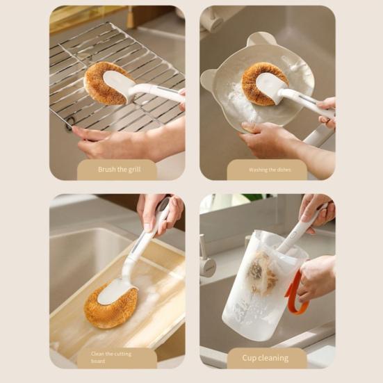 Pot Brush Ergonomic Long Handle Coconut Palm Bristles Cleaning Brush Multifunctional Kitchen Cleaning Tool