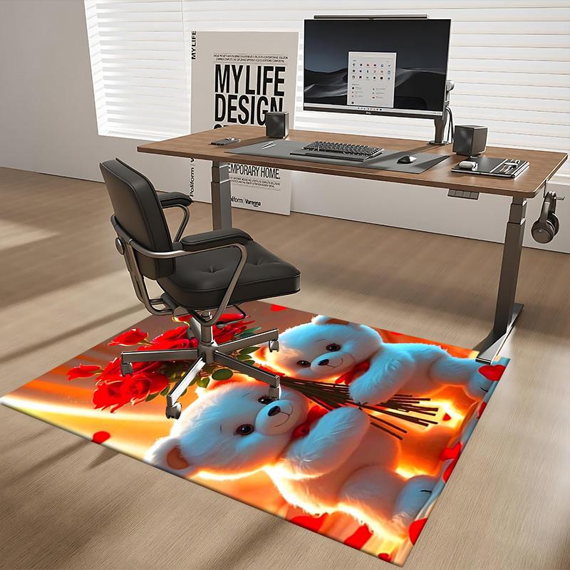 1pc Teddy Bear with Red Roses Chair Mat - Anime Cartoon Design, Office Chair Pad, Non-Slip Carpet for Home Decor, Seasonal Gift, Suitable for Office,
