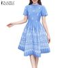 Women Summer Stand Collar Short Sleeve Casual Print Dress
