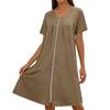 Women's Color Round Neck Short Sleeve Sleep Dress with Pockets and Zipper - Loose Fit Casual Nightgown for Home, Lounging, and Bedtime