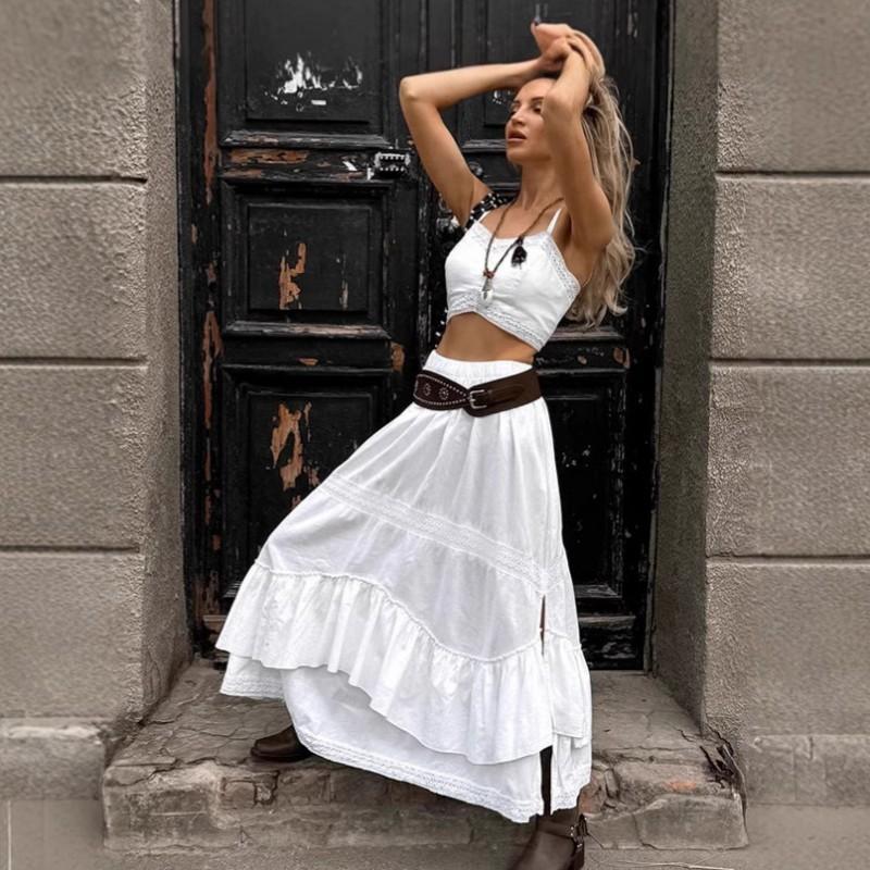 French Boho White Maxi Dress Set Casual Cotton Linen 2-Piece Womens Outfit