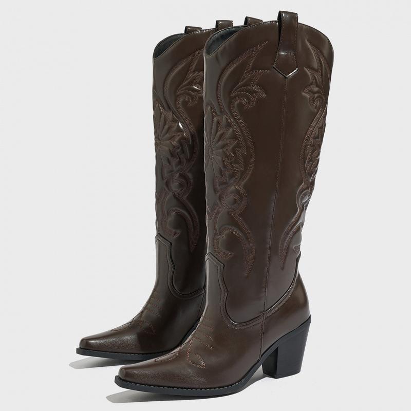 Fashion Size 36-42 Retro Winter Knee High Boots Women Comfy Walking Female Western Cowboy Boots Low Heels Shoes Zapatos De Mujer