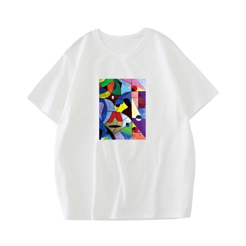 Abstract Print Tshirt Colorful Geometric Puzzle Womens Short Sleeve Daily Basic Top Oversize Round Neck Versatile Base Layer