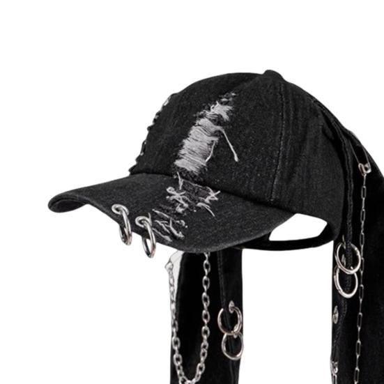 Denim Baseball Hat Adjustable Strap Distressed Design Denim Cap with 3D Bunny Ears