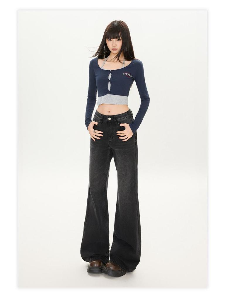 2025 Черно-серые вельветовые джинсы клеш с высокой посадкой и широкими штанинами для женщин