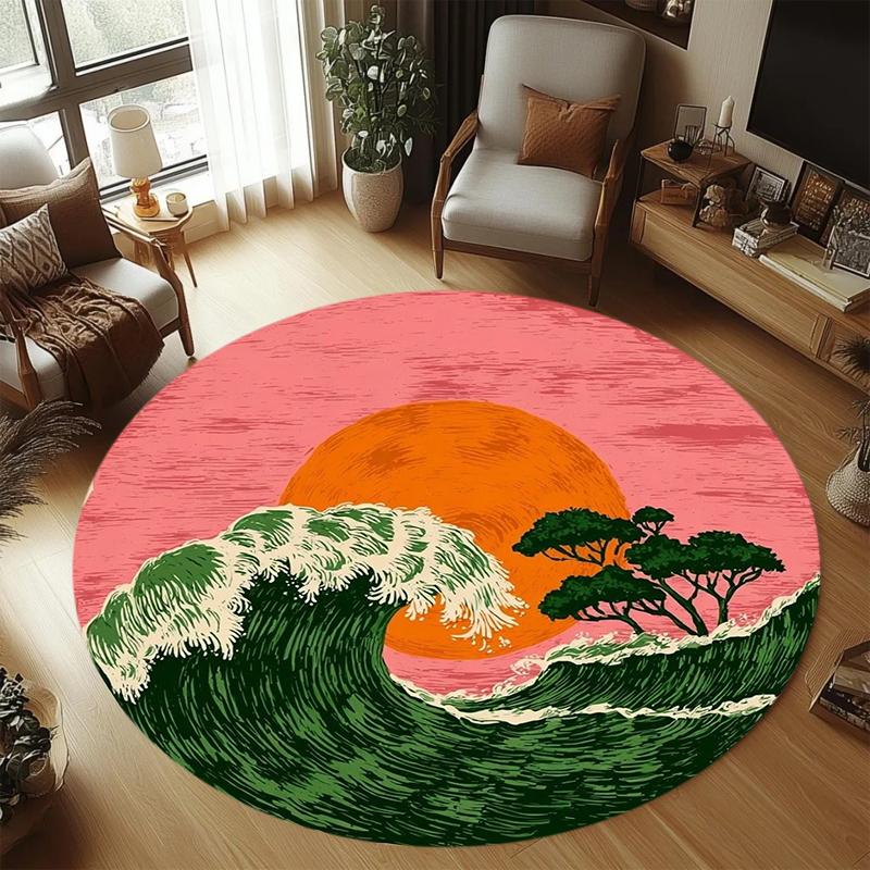 Artistic Nature Inspired Round Carpet with Tree Sun and Wave Patterns for Cozy Boho Home Decor Moderne Home Dekoration