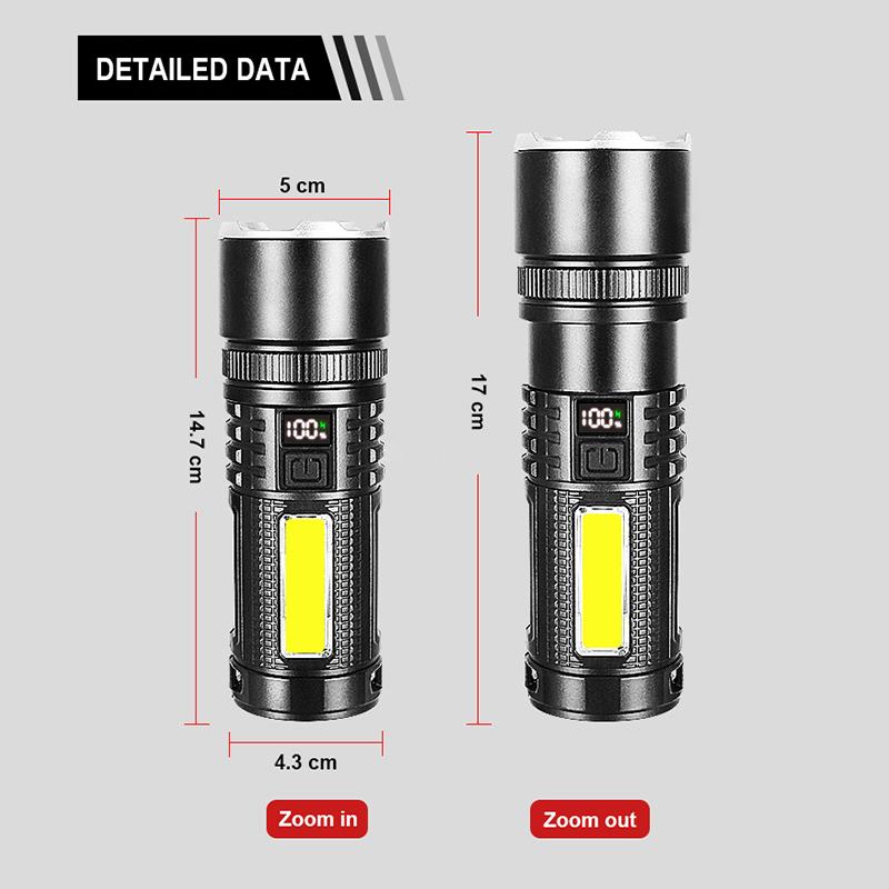 Светодиодный фонарик высокой мощности, перезаряжаемый, зум, сильный, водонепроницаемый, уличный фонарь из алюминиевого сплава, боковые огни COB, 4 режима