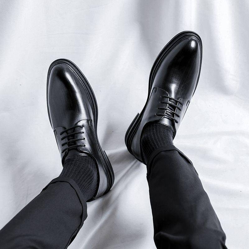 Leather Shoes Men's Formal Wear Business Casual Pointed Black Summer To Increase the Sense of High-end British Wedding Groom Shoes