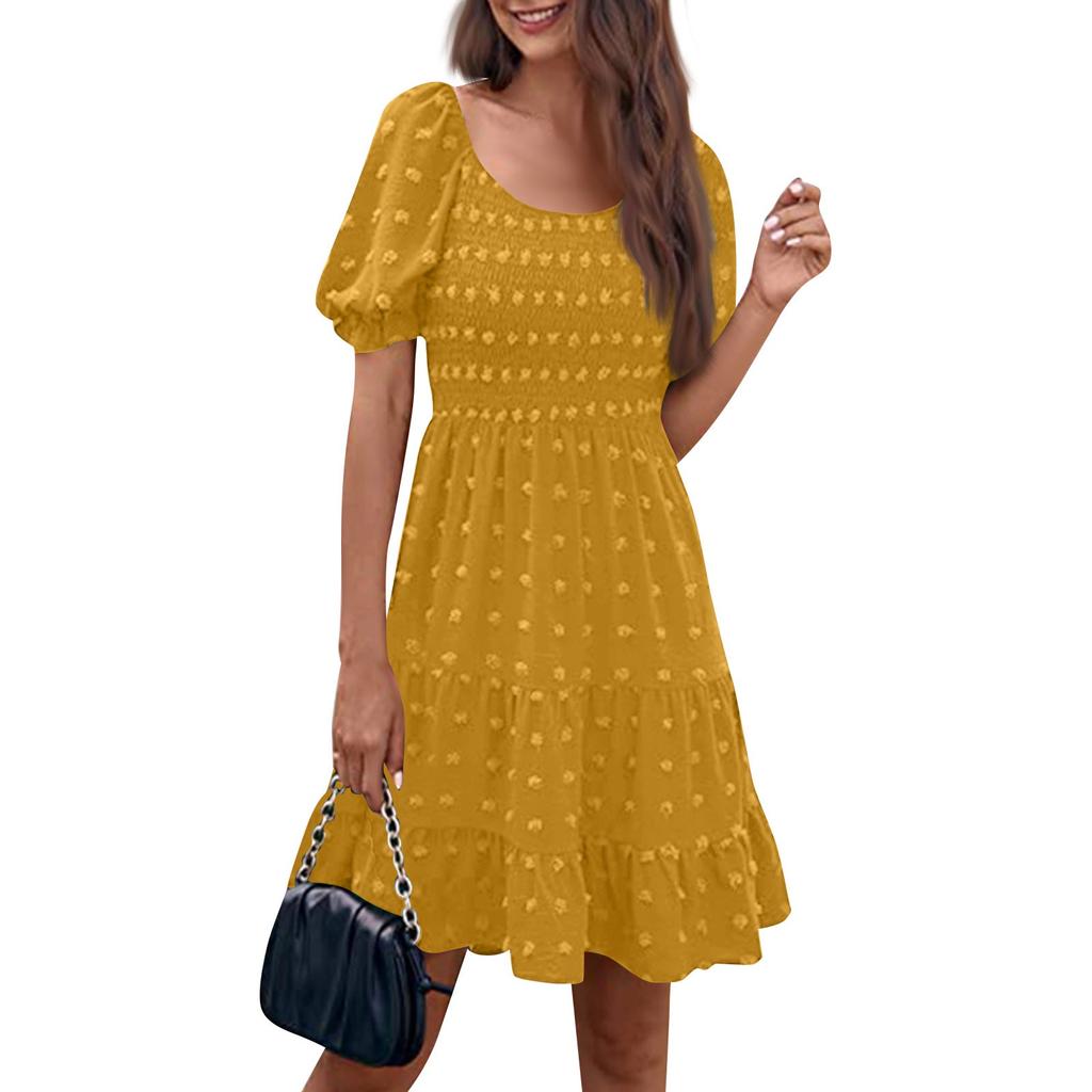 Женские модные повседневные однотонные платья с квадратным вырезом и коротким рукавом в горошек