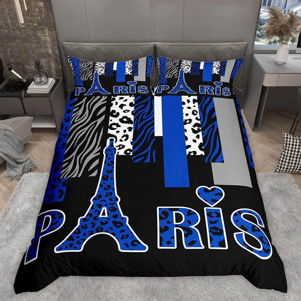 Homewish Romantic Paris Duvet Cover Set, Animal Print Stripes Bedding Set, Star Love Heart Printed Comforter Cover Set