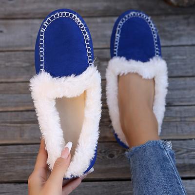 Lucyever 2024 Зимние Слипоны Толстые Плюшевые Балетки для Женщин Комфортные Теплые Повседневные Туфли Женские Однотонные с Мягкой Подошвой Лоферы