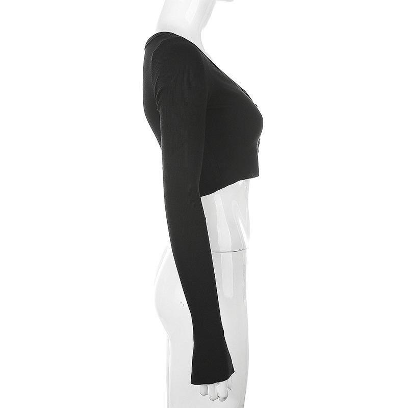 Women V-neck Solid Color Loose Knitted Cardigan Long Sleeved Crop Top