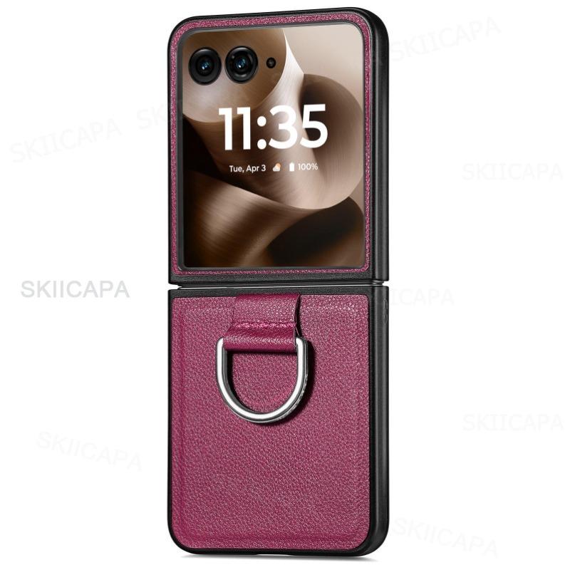 Чехол-подставка с кольцом из кожи с узором личи для Motorola Razr + 2024 Razr Ultra 2025 Razr 60Pro 50 40 Противоударная защита Кронштейн Задняя крышка