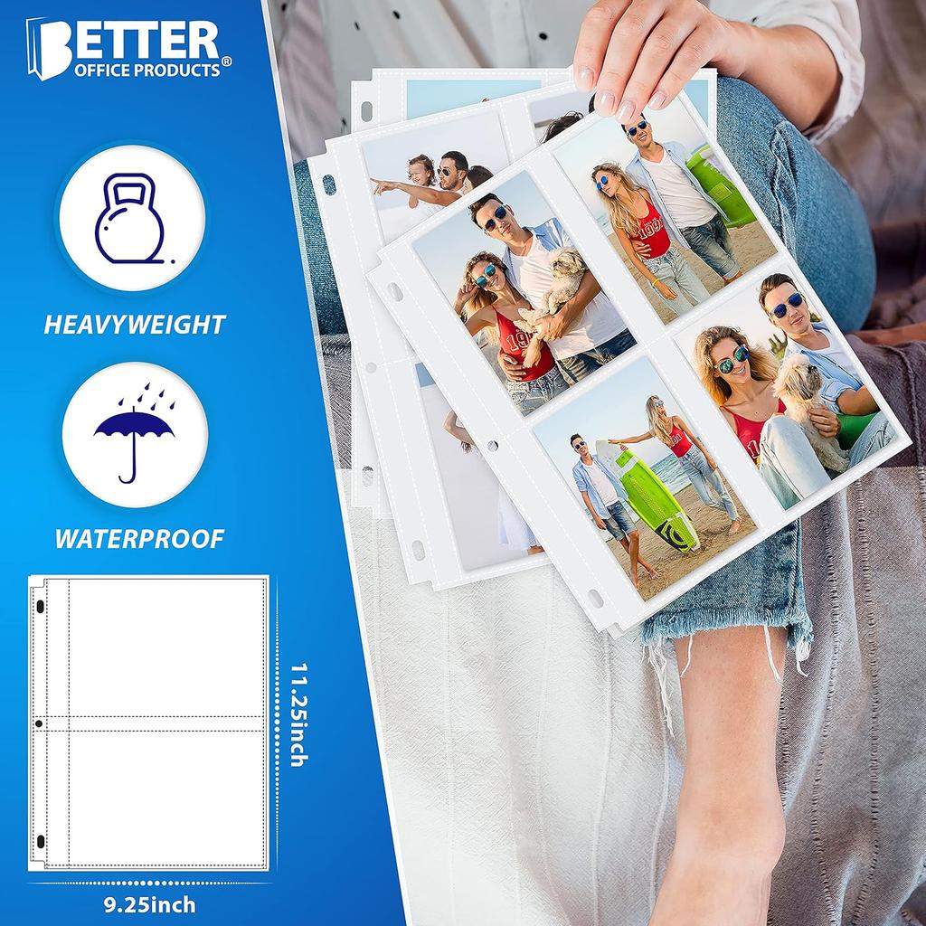 Better Office Products Photo Album Refill Sheets, 3.5 x 5 Inch, Heavyweight, Diamond Clear 3 Ring Photo Binder Page Refills, 200 Total Photos, Each
