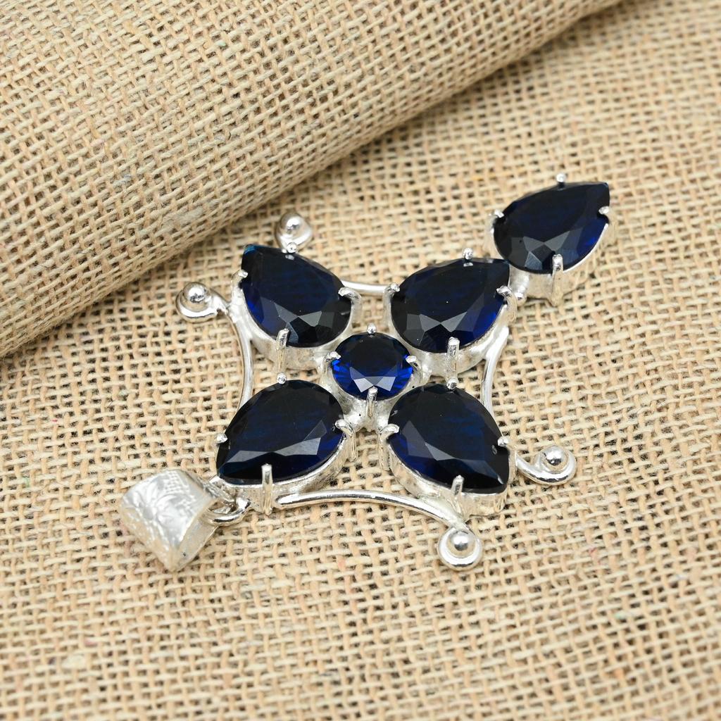 925 Sterling Silver Blue Sapphire Lab-Created Jewelry Handmade Gemstone Fancy Pendant