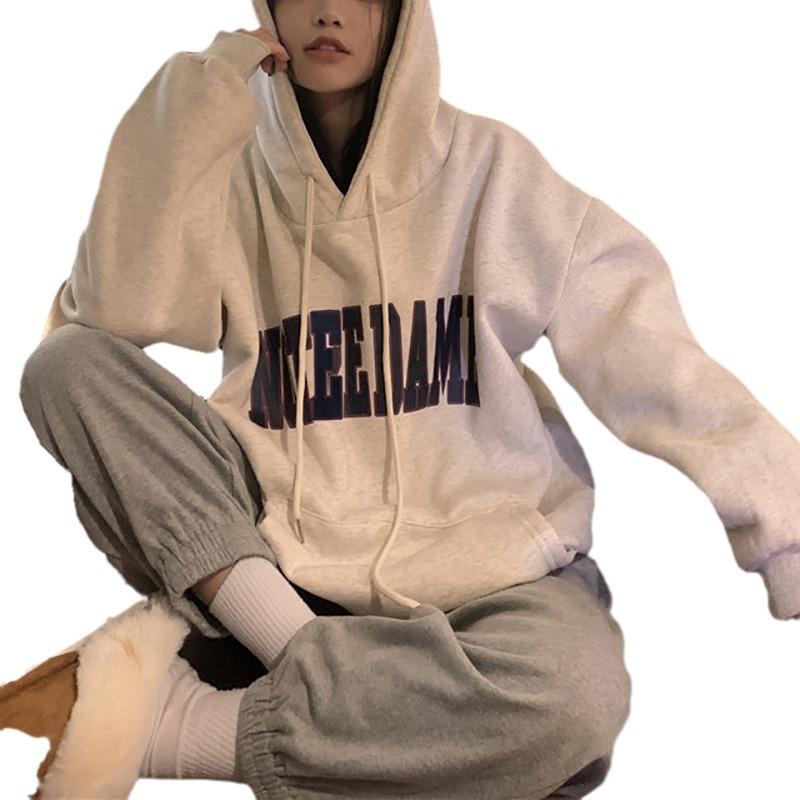 Padded Hooded Sweater Female Autumn and Winter Big Size Printed Fleece Shirt Autumn and Winter Loose Tops Fashion Retro Versatile Sweatshirt