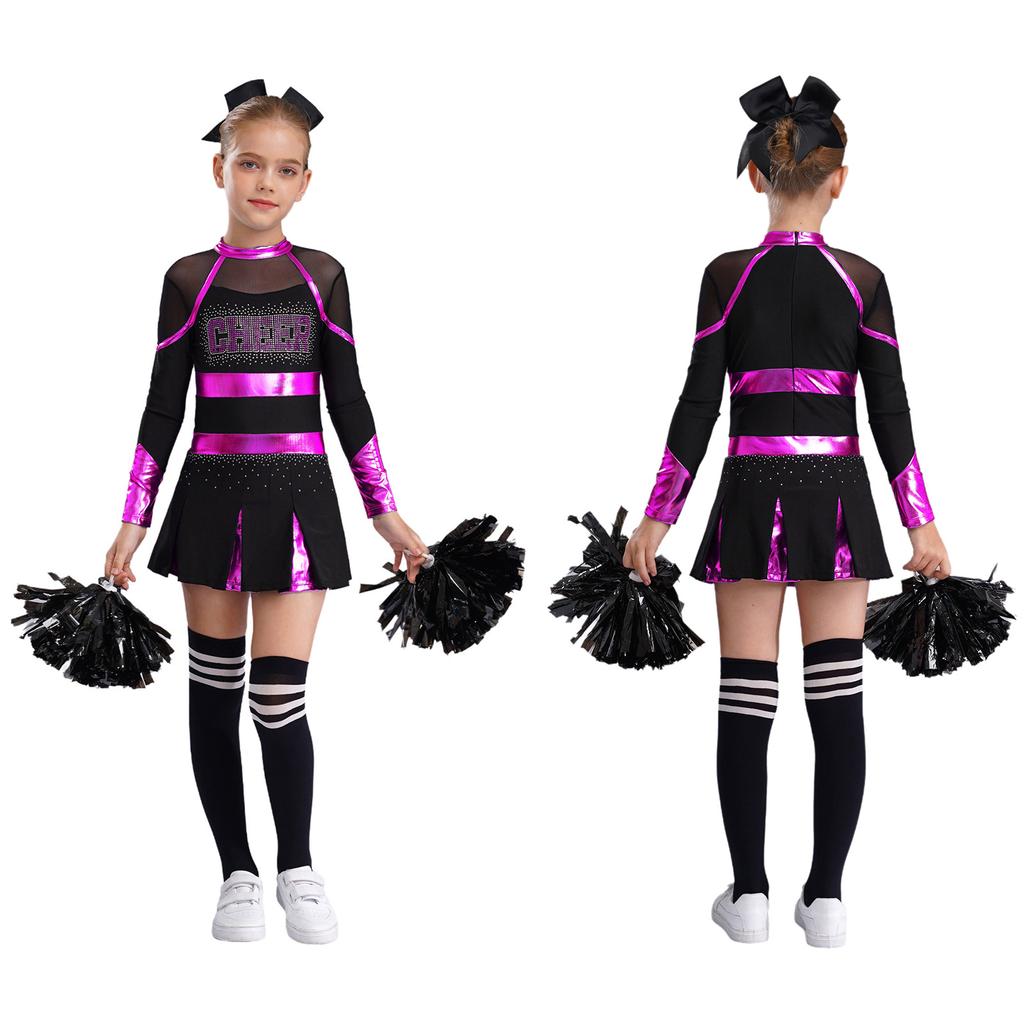 Детский танцевальный костюм Черлидинга для девочек, плиссированное платье с длинными рукавами и головным убором с бантом, комплекты цветов и носков