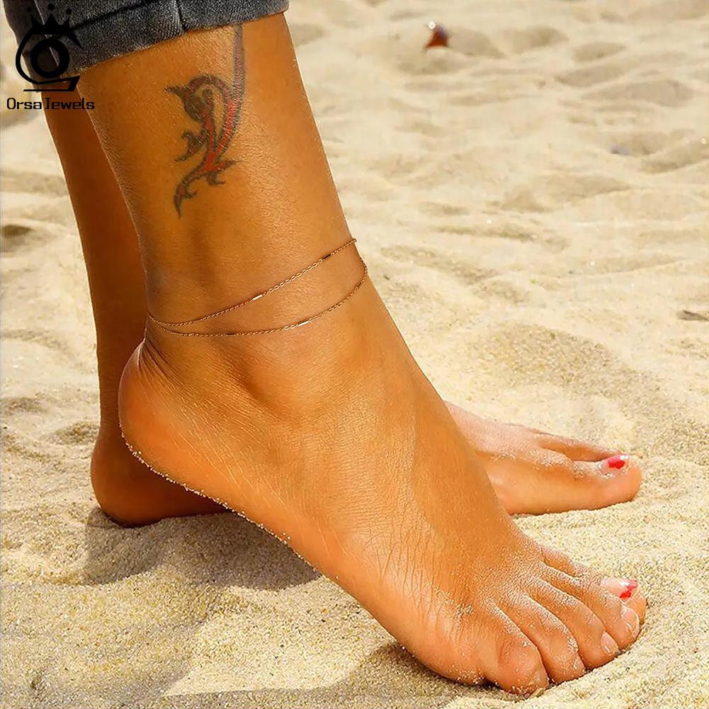 ORSA JEWELS S925 Silver Ankle Bracelet Summer Cable Chain Anklet Layered Dainty Cute Adjustable Beach Foot Jewelry SA35