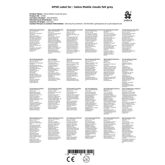 Мобиль Sebra облака войлок серый