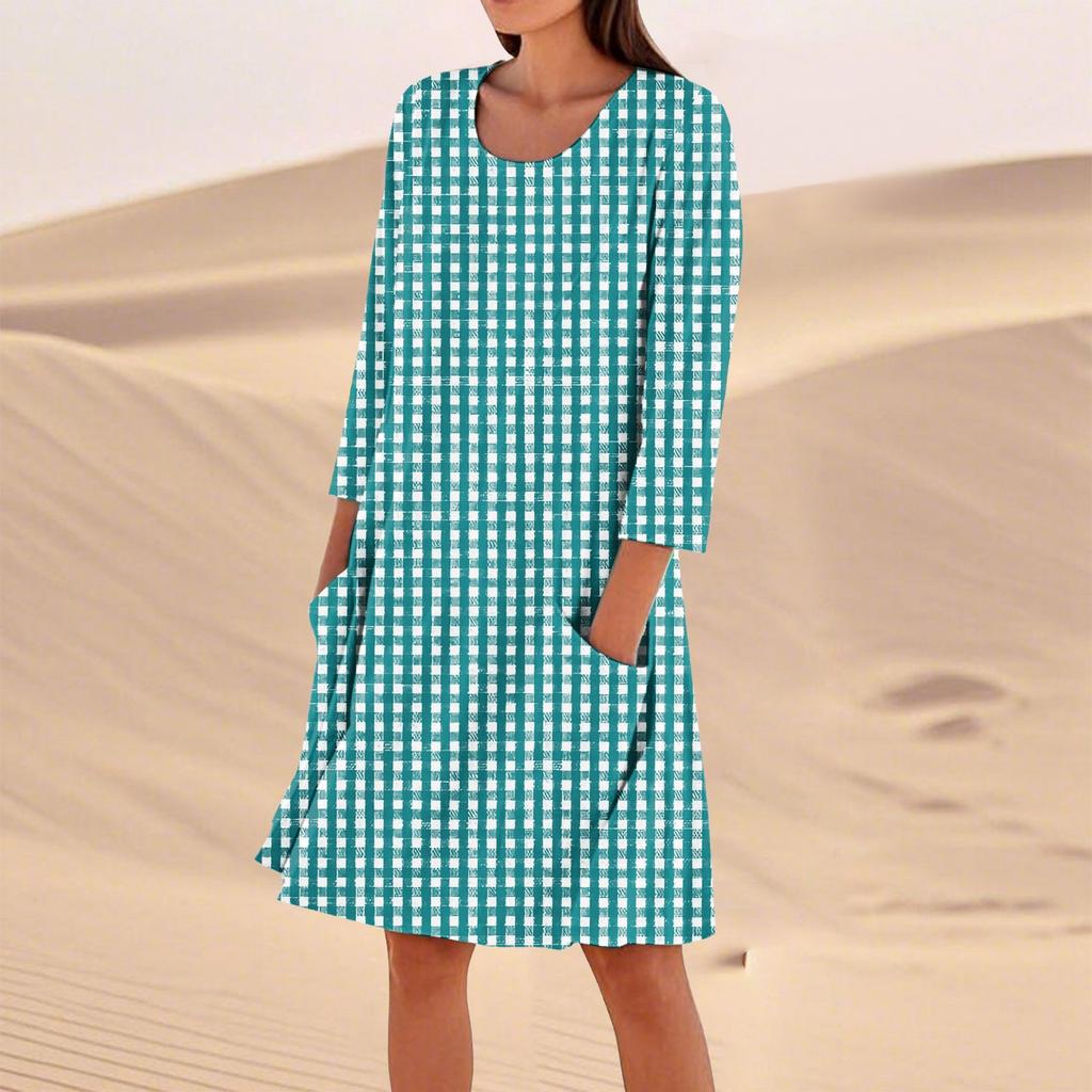 Женское однотонное модное свободное повседневное платье с рукавом три четверти Женское модное свободное повседневное платье с принтом в горошек и рукавом три четверти