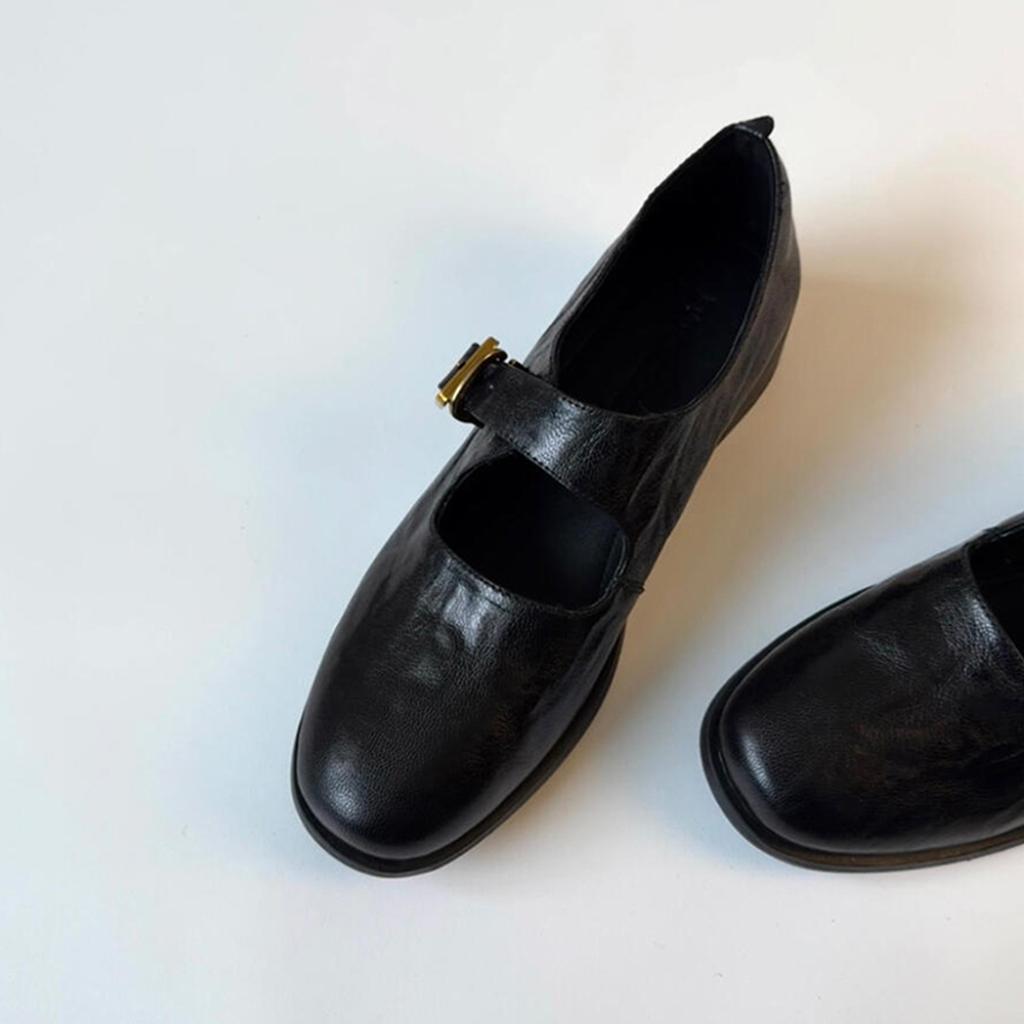 Универсальные Мэри Джейн из овчины в стиле колледжа 2025 с круглым носком, толстым средним каблуком, кожаной квадратной пряжкой, одинарные туфли, женские, ретро, колледж