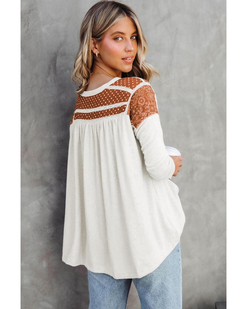 Azura Exchange Contrast Crochet Lace Henley Top