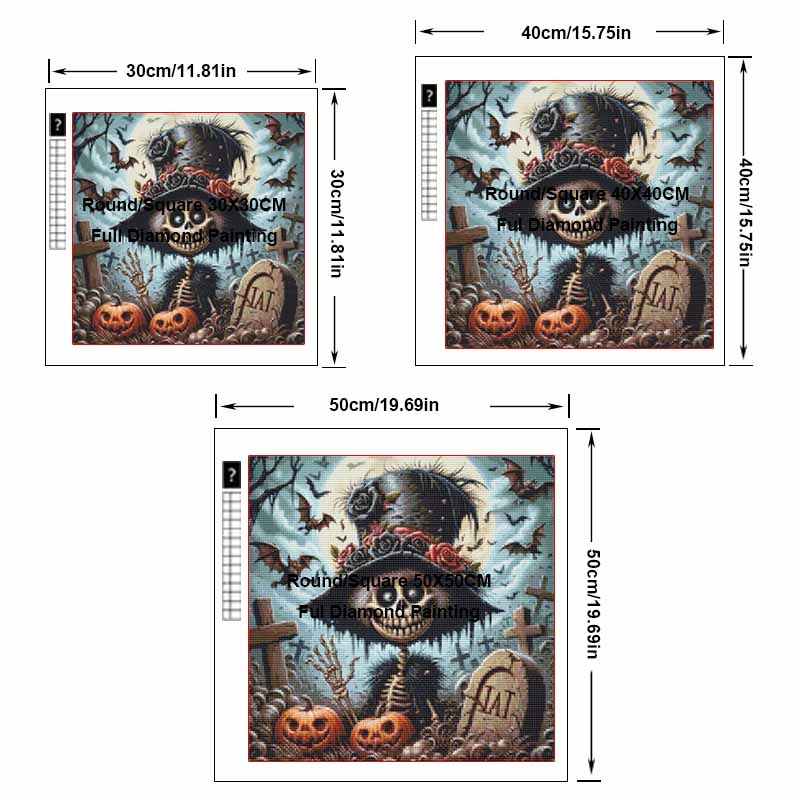 Gothic Cemetery Skeleton Full Drill Diamond Painting Kit, Vintage Floral Top Hat Pumpkin Bat Tombstone Halloween DIY Diamond Art Decor Gift