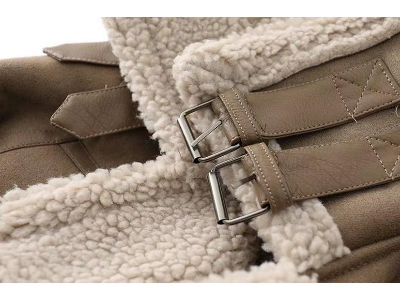 Women's Suede and Lambswool Motorcycle Jacket - Warm Fleece Coat for Autumn and Winter