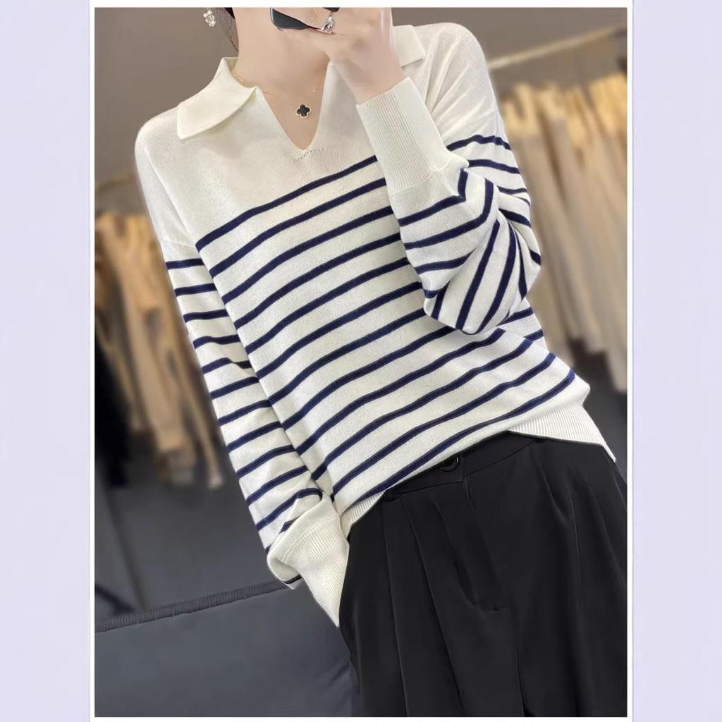 Women's Striped Polo Collar V-Neck Wool Sweater by Zhao Silu - Versatile and Slimming Top