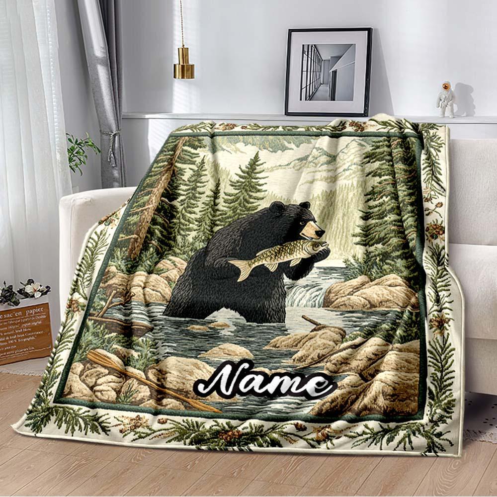 Bear Fishing Customize Your Name Outdoor Blanket Used For Chair Office Sofa Bed Camping Soft And Warm Giving Friends And Relatives Birthday Graduation